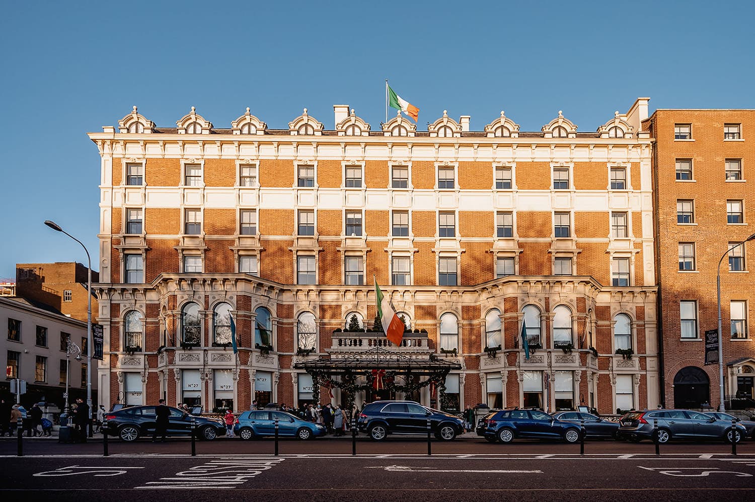 Exterior shot of The Shelbourne Hotel on a sunny day. 