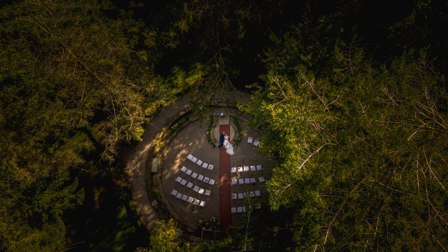 Dramatic aerial image, taken with a drone, of a married couple at The Turntable in the Station House Hotel. 